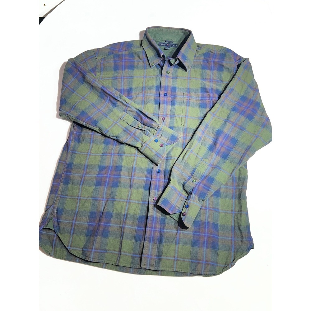 Tommy Hilfiger Mens Green Plaid Herringbone Button Down Shirt Large Long Sleeve